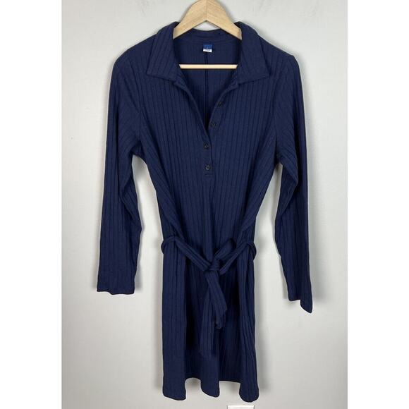Old Navy Fitted Rib-Knit Tie-Belt Long-Sleeve Mini Polo Dress Size Large Cotton - Picture 1 of 7